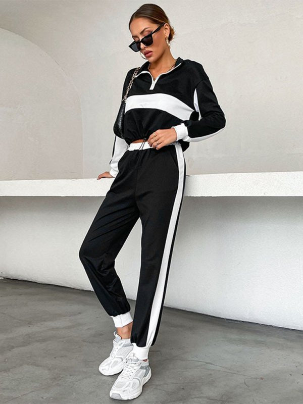 New two - piece spliced stand - collar sweatshirt casual suit - Pant Suit